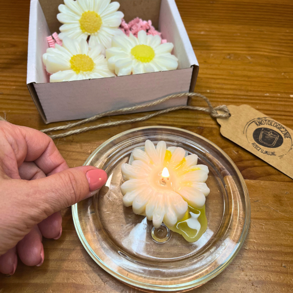 świeczki tealight stokrotka jaśmin na stole, zapalona; w tle: etykieta, świeczka tealight stokrotka w opakowaniu zbiorczym